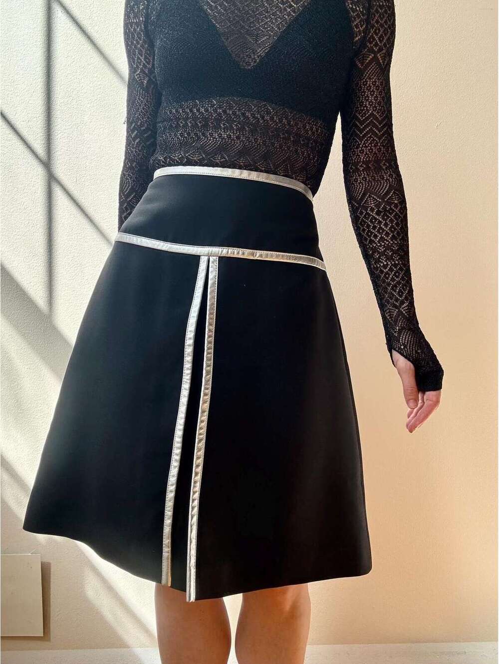 Prada Black Silver Leather Trimmed A-Line Skirt